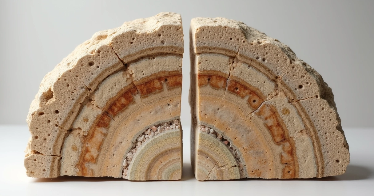 Travertino visto em corte mostrando camadas e poros 