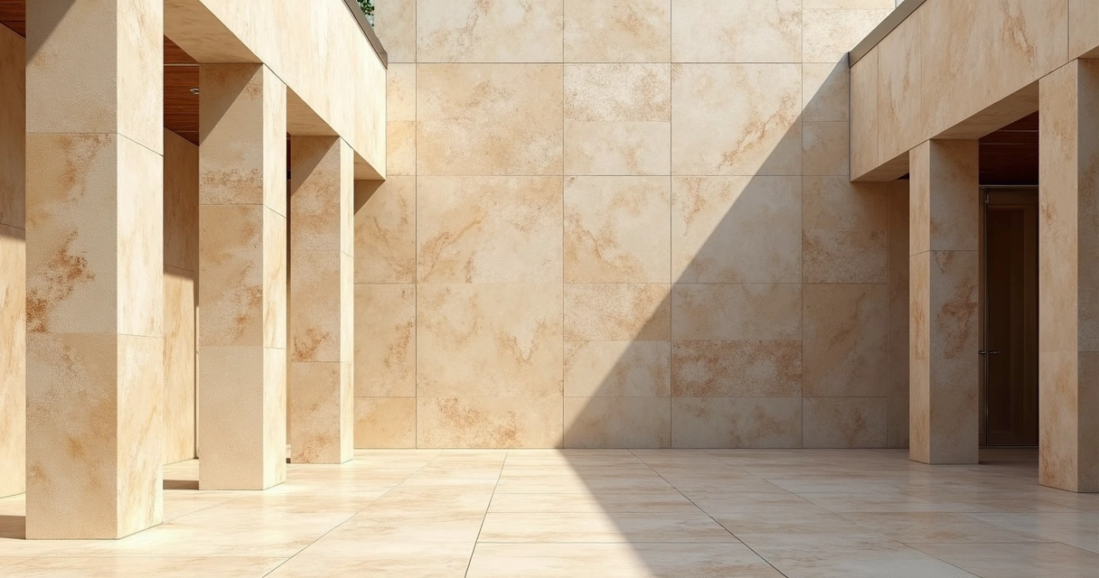 Detalhe de fachada arquitetônica revestida com peças de travertino exalando elegância natural. 