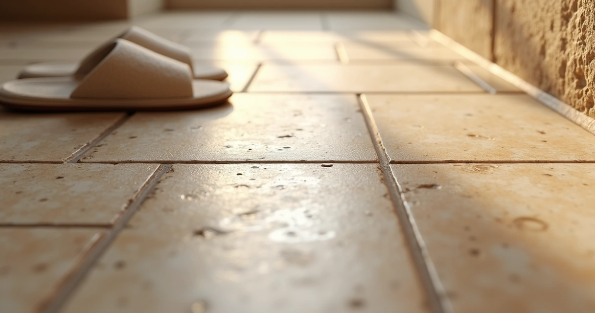 Travertino aplicado em piso de banheiro mostrando manchas e porosidade 