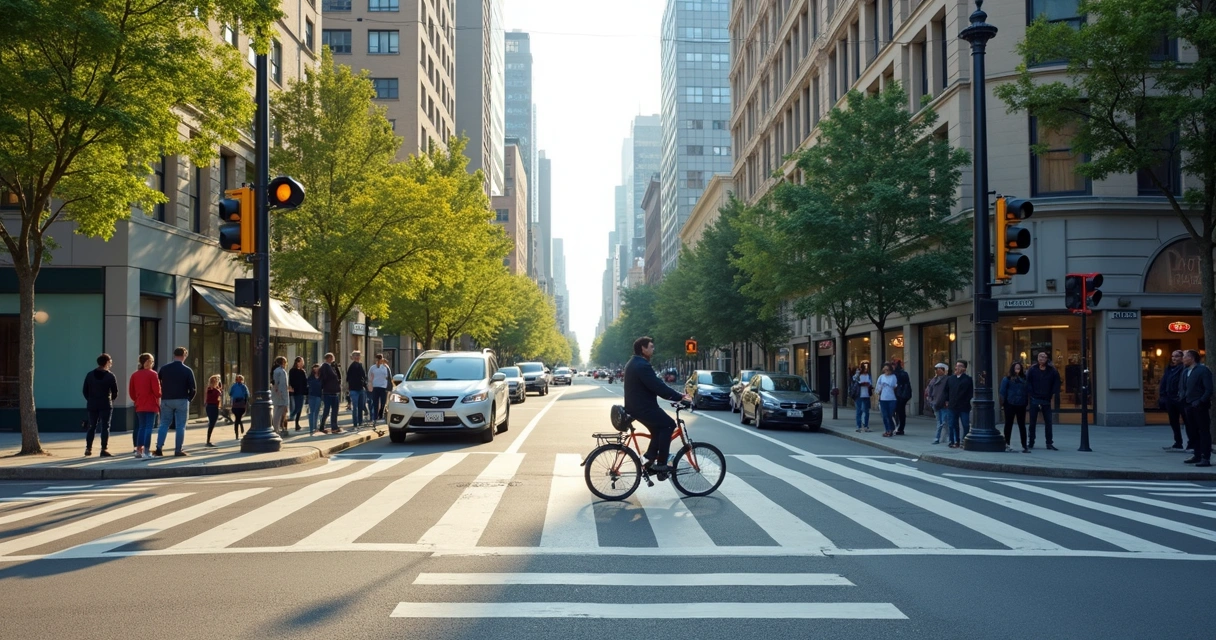 Pedestres e ciclista atentos em travessia urbana