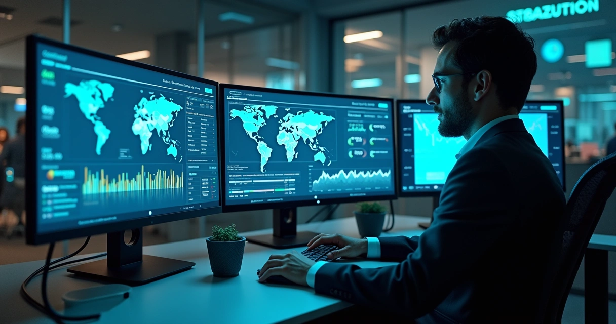 Dashboard of treasury system with AI analytics, line graphs, currency symbols, and global map overlay on floating glass monitors
