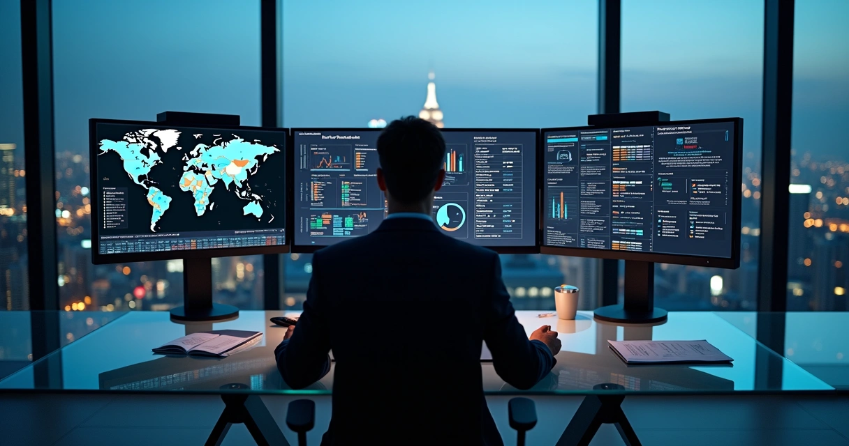 Treasury professional at glass desk monitoring multi-currency cash and risk dashboards 