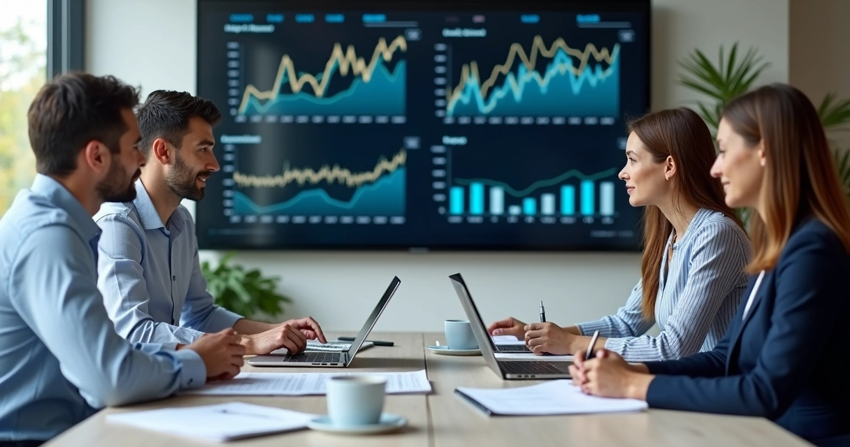 Business professionals in a conference room discussing finance charts on a large screen 