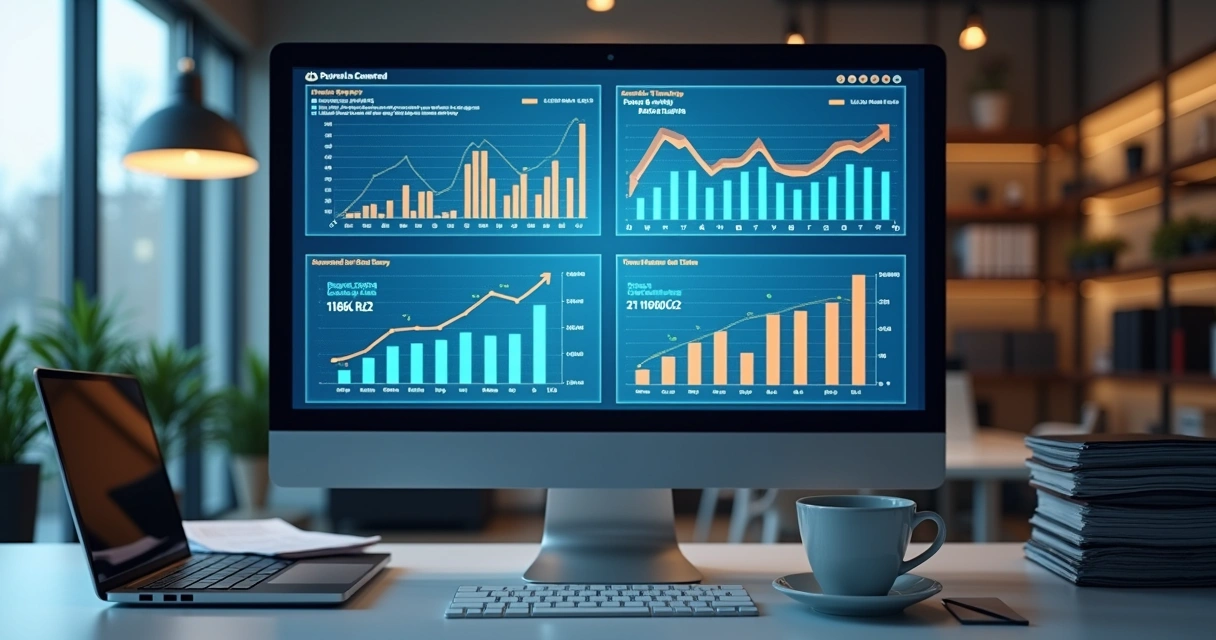 Monitoring workstation with financial dashboards on laptop and papers. 