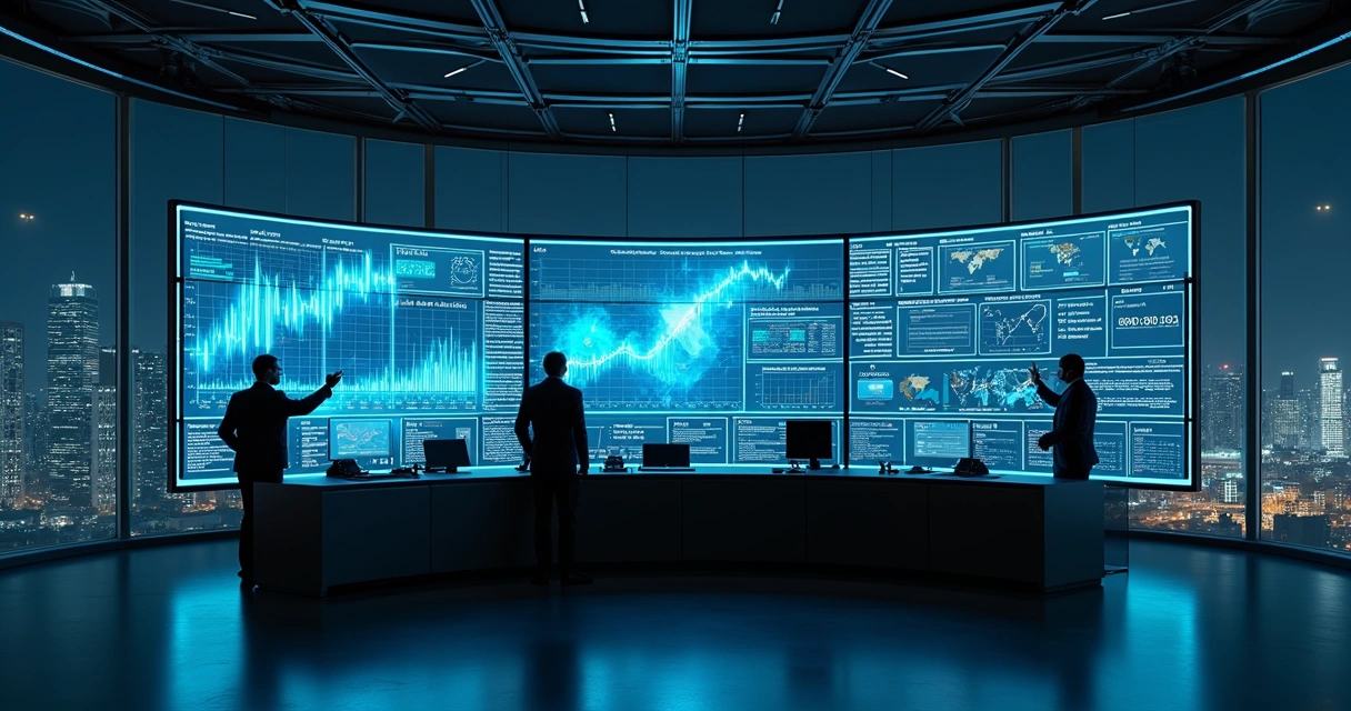 Modern treasury command center with interconnected financial dashboards 