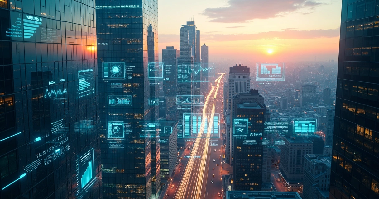 Abstract city skyline blended with digital portfolio management grids 