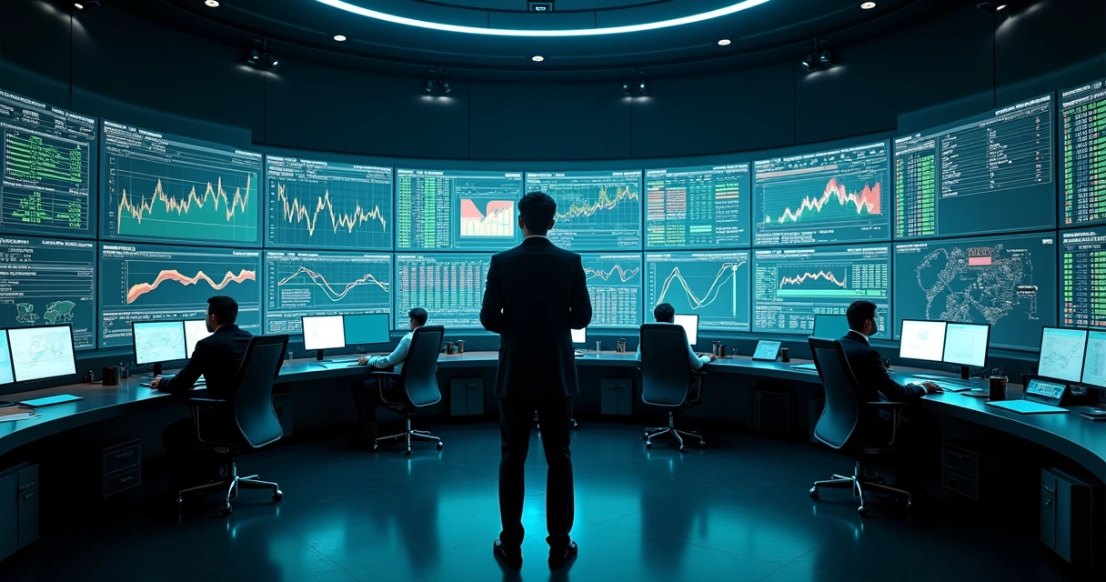 Corporate treasury team in dark room viewing risk management dashboard wall 