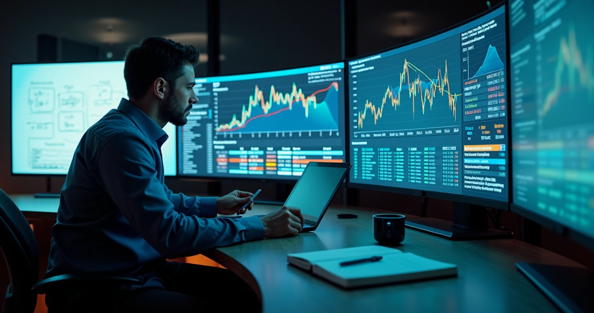 Analyst in lab-style finance room monitoring MtM stress testing screens 
