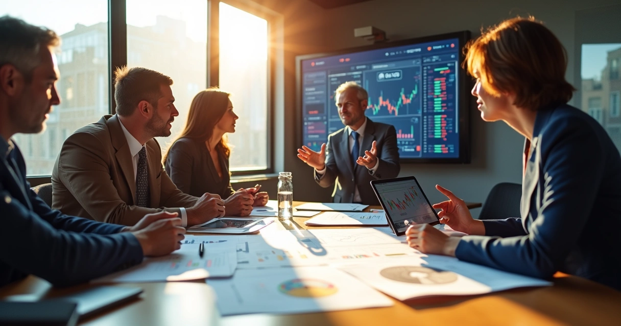 Treasury team analyzing risk graphs and discussing strategies 