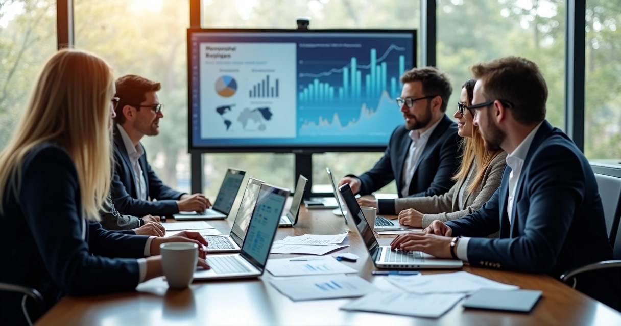 Corporate treasury team working together at a desk 