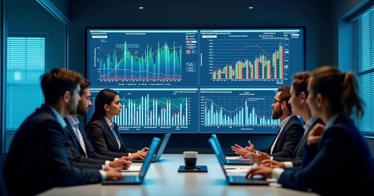 Treasury team reviewing scenario analysis on a screen in a meeting 