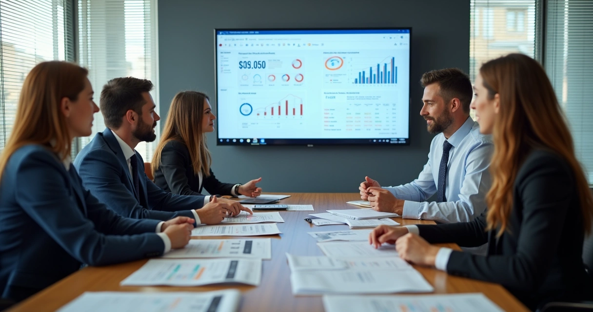 Corporate treasury team around a table reviewing scenario analysis reports and risk projections 