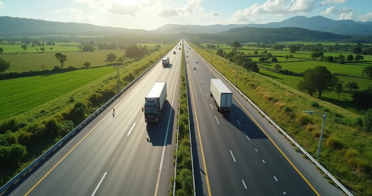 Rodovia concedida com várias faixas e barreiras de proteção 