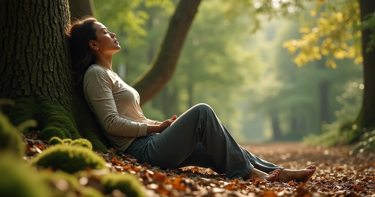 Person resting against a tree in quiet meditation 