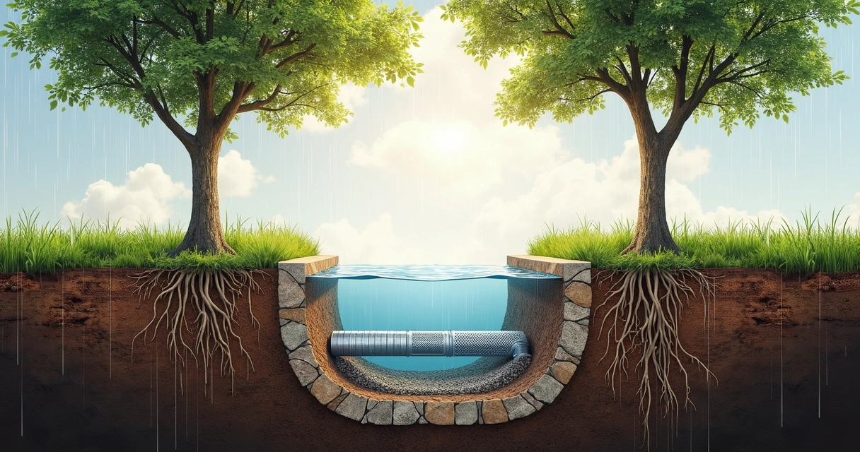 Cross section of a tree trench with layers of soil, gravel, and planted trees. 