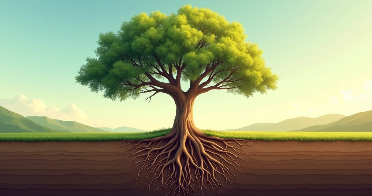 Tree showing deep roots and branches in sunlight 