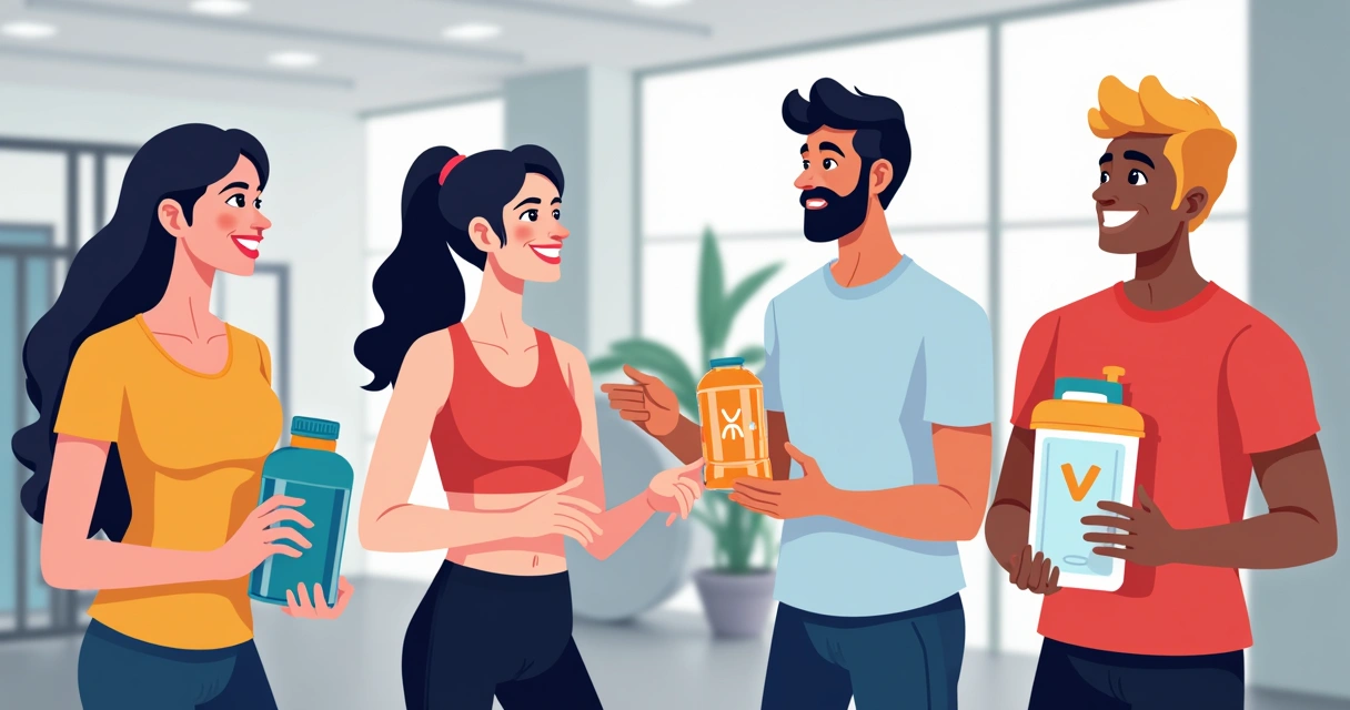 Treinador apresentando kit de brinde fitness personalizado a clientes em academia 