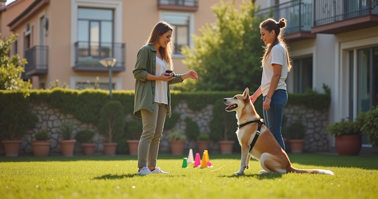Treinador de cães a orientar dona e cão jovem num jardim urbano 