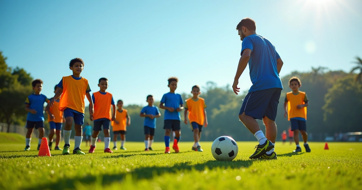 Treinador e grupo de crianças em campo de futebol no Brasil 