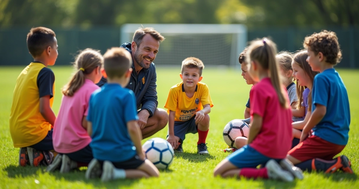 Treinador de futebol orientando crianças no campo de futebol 