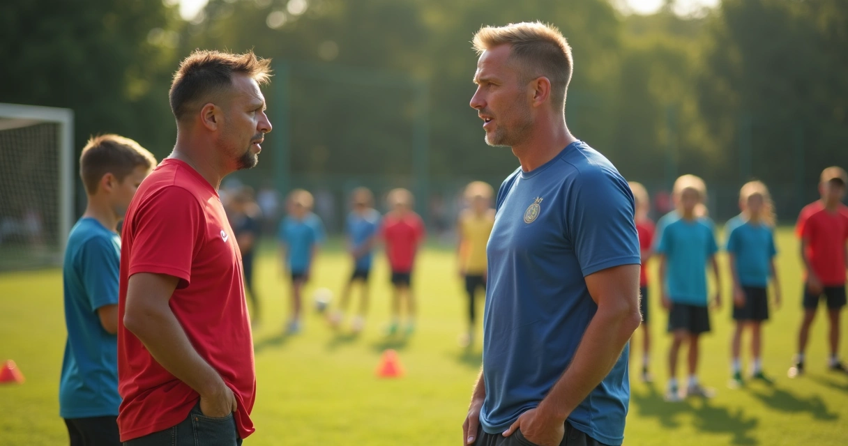 Treinador de futebol conversando com pais durante treino de jovens 