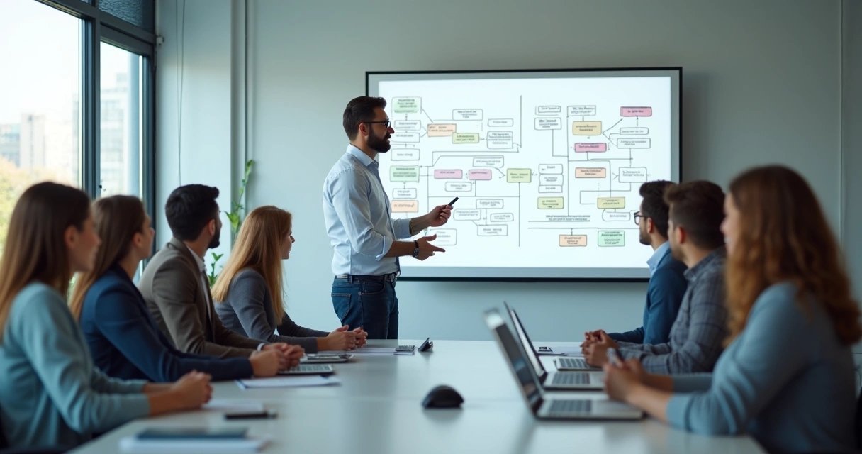 Treinador apresenta processos em lousa para equipe atenta 