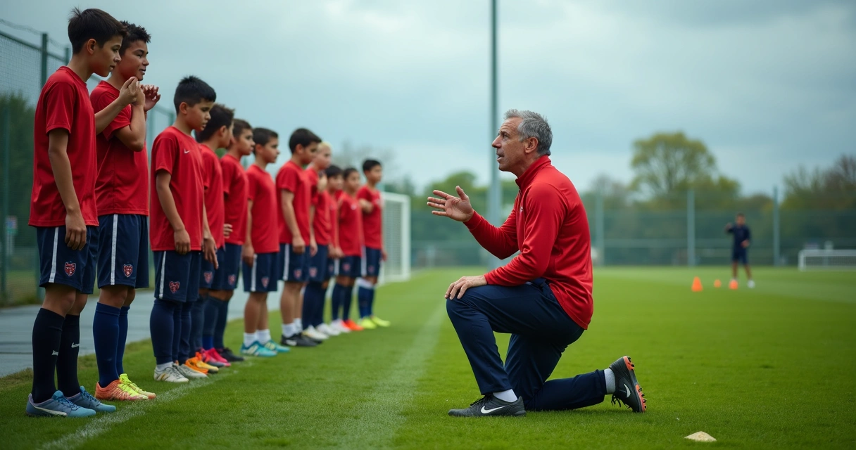 Treinador motivando time de futebol de base antes do jogo 