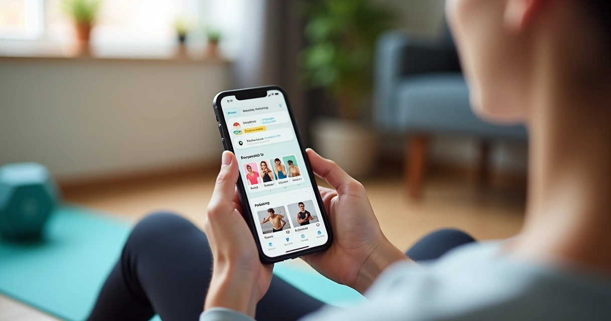 Pessoa usando aplicativo de treino personalizado em smartphone com gráficos e vídeos de exercícios 