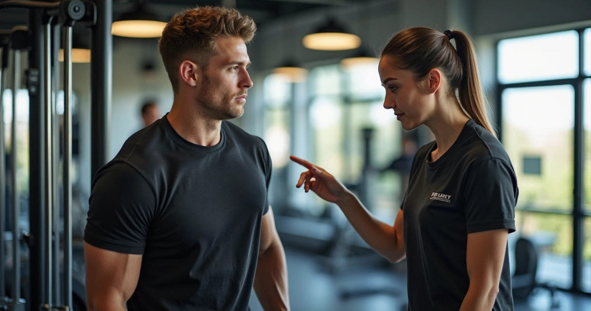 Instrutora de academia orienta aluno em aparelho 