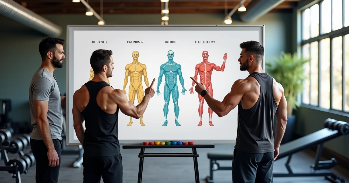 Treinadores demonstrando divisão de grupos musculares na lousa 