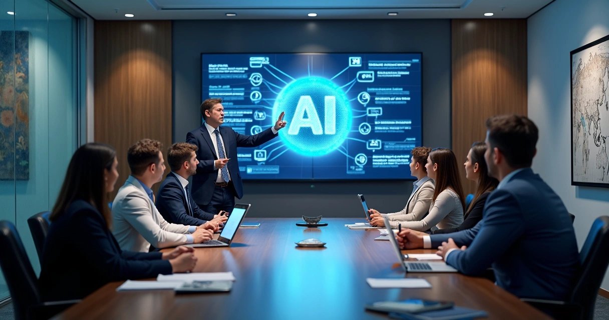 Funcionários em treinamento sobre IA em sala de reunião moderna 