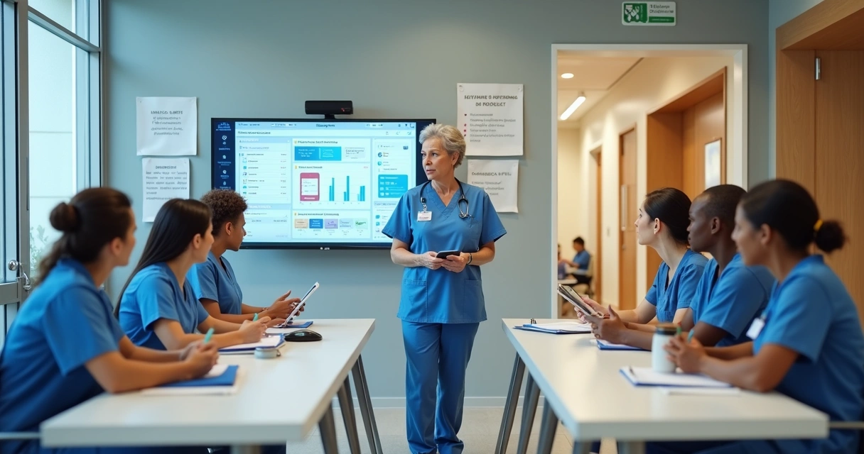 Treinamento admissional de cuidadores em ILPI com instrutora usando prontuário digital em telão 
