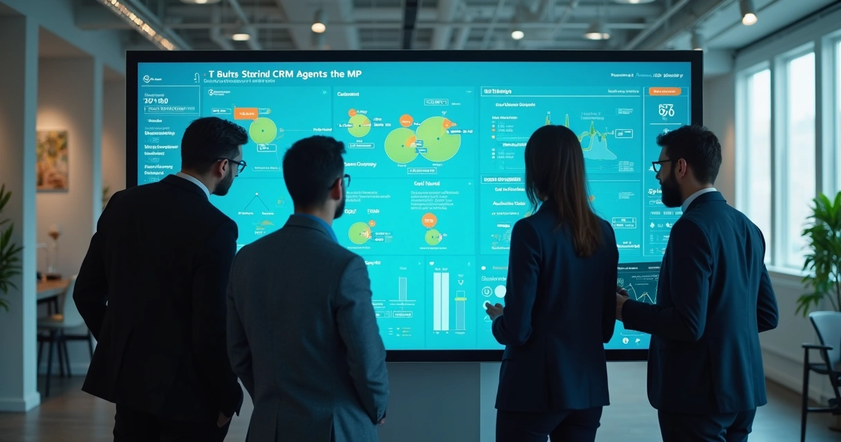 Equipe treinando agente de IA ao lado de dashboard digital 