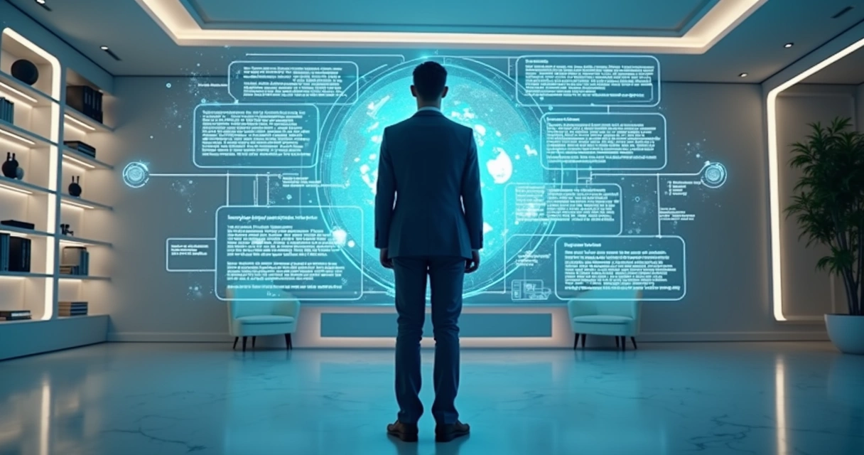 Colaborador alimentando agente digital com dados em tela holográfica 