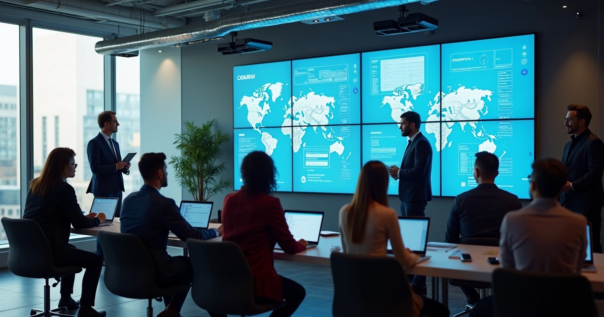 Equipe durante treinamento com inteligência artificial, telas exibem agentes IA em ação 
