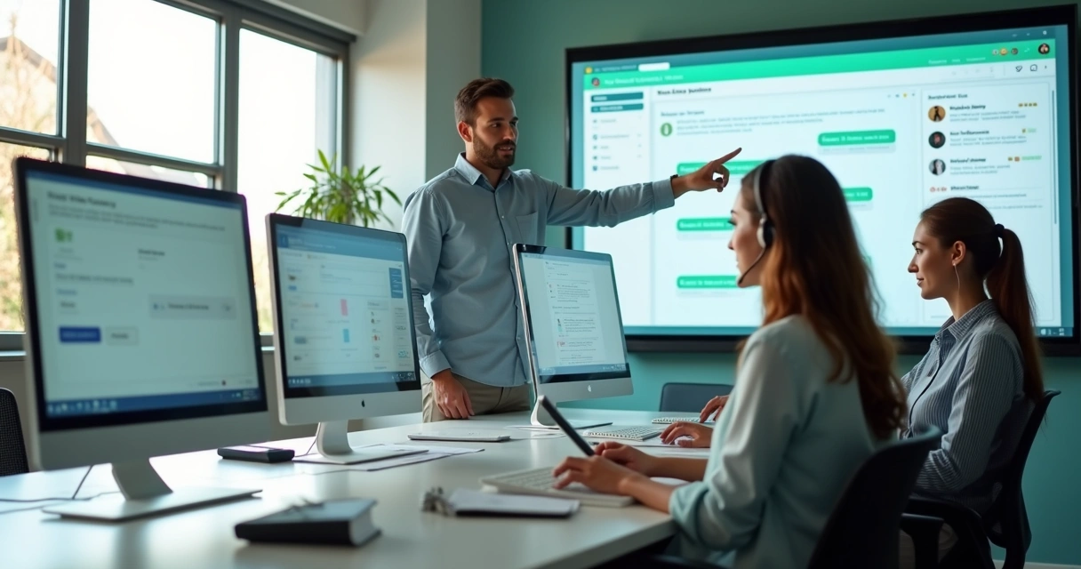 Equipe em treinamento em plataforma de atendimento digital