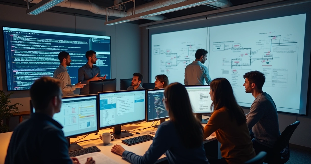 Equipe de TI treinando IA no escritório, com monitores e fluxos de dados visíveis 