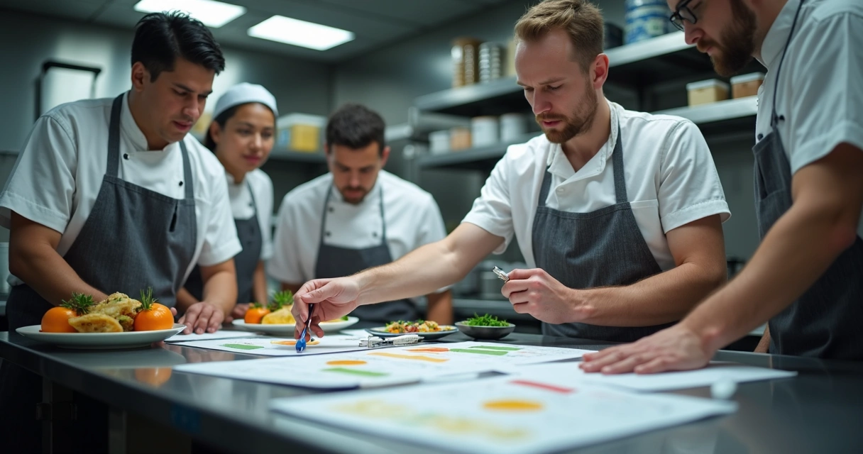 Equipe de cozinha em treinamento sobre controle de alérgenos 