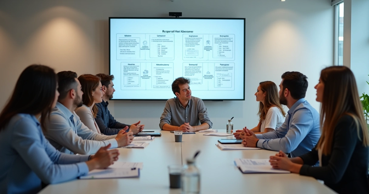Equipe de trabalho participando de treinamento sobre assédio com instrutor em sala de reunião 