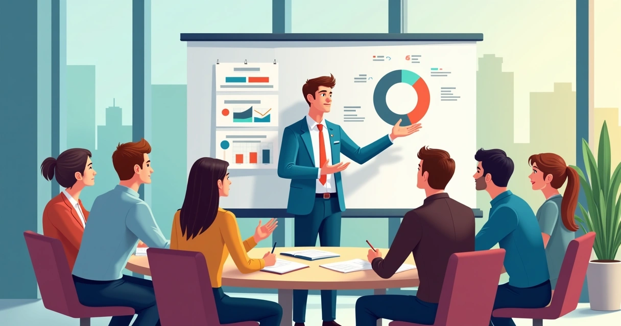 Instrutor interagindo ao vivo com equipe em sala de reunião