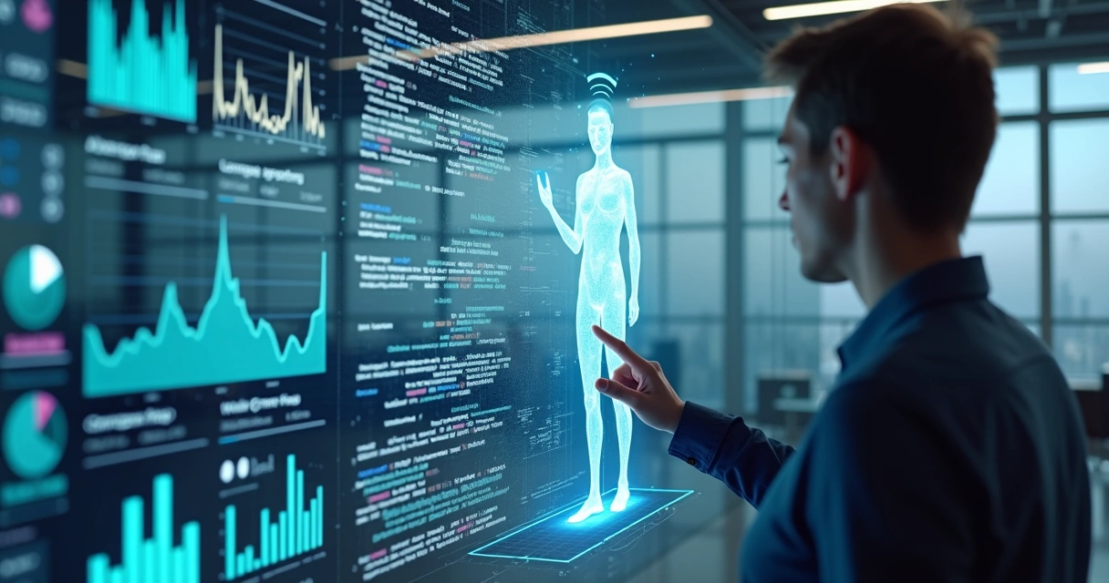 Assistente digital interagindo em tela com gráficos e dados complexos em ambiente corporativo moderno