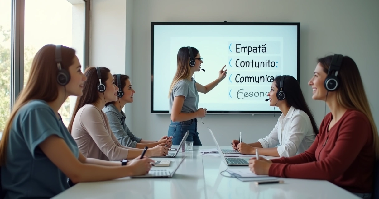 Grupo de pessoas participando de treinamento para atendimento telefônico, usando headsets em sala bem iluminada. 