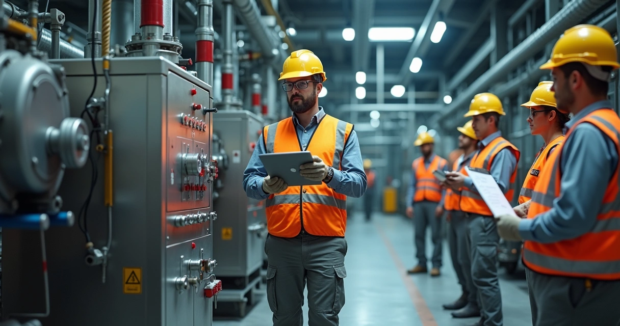 Instrutor demonstrando procedimento de segurança em área industrial com máquina pesada desligada 