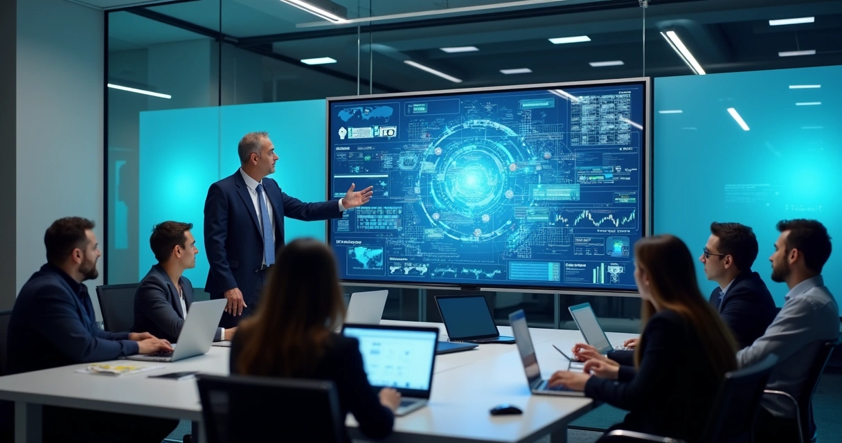 Time de funcionários em treinamento de automação com instrutor em sala moderna 