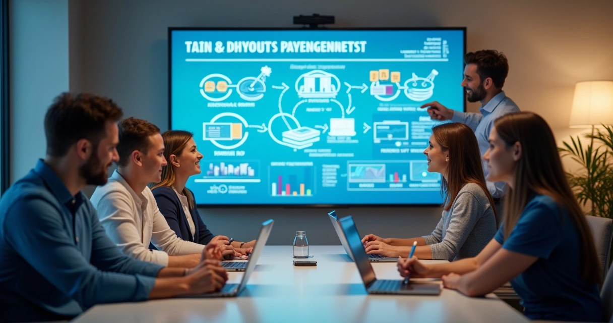 Equipe de escritório treinando sistemas de automação financeira