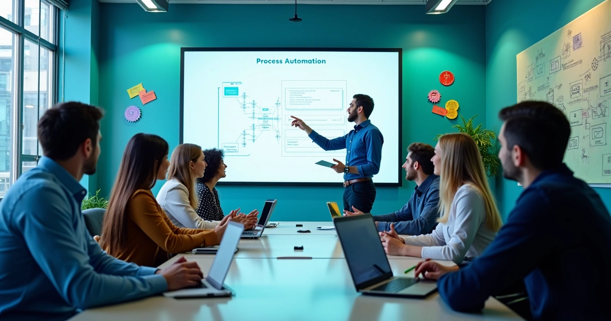 Funcionários participando de treinamento sobre automação de processos 