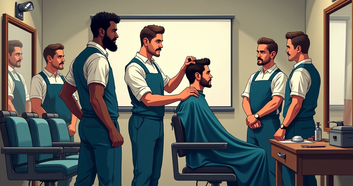 Barbeiros assistindo treinamento prático dentro da barbearia 