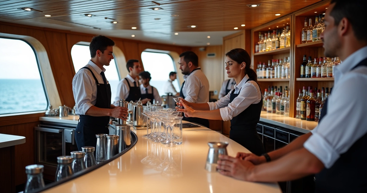 Treinamento prático de bartenders em bar de navio 
