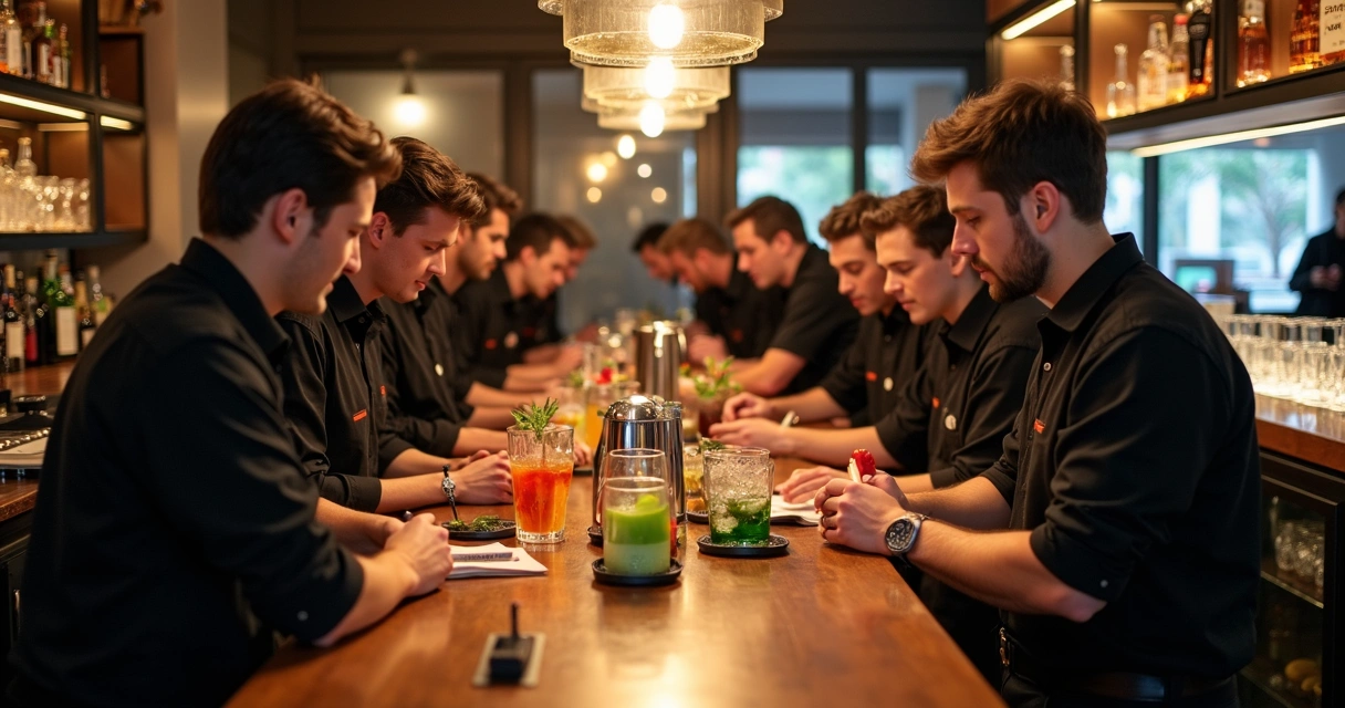 Treinamento prático de equipe de bar ao redor de um balcão com insumos e utensílios 