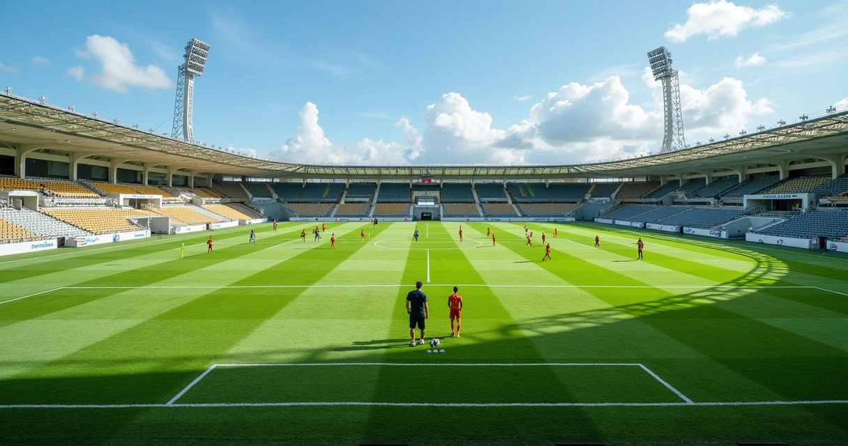 Grupo de jovens treinando futebol em campo grande com técnico observando 